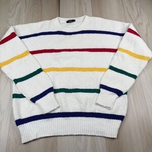 Vintage Gant Mens White Rainbow Colors Striped Cotton Crewneck Sweater Size XL